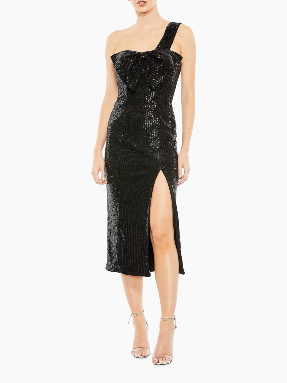NWT Mac Duggal Black One-Shoulder Sequin Dress with Bow